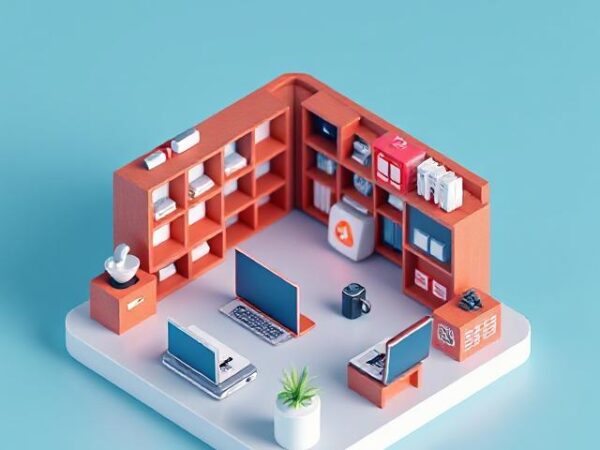 Miniaturmodell eines Büros mit Regalen, Computern und Pflanzen auf einem blauen Hintergrund.